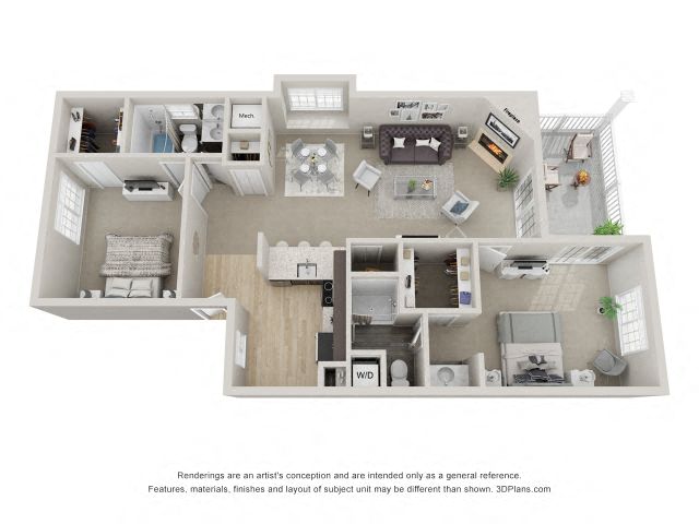 Floor plan for 2 beds, 2 baths, 1050 sqft